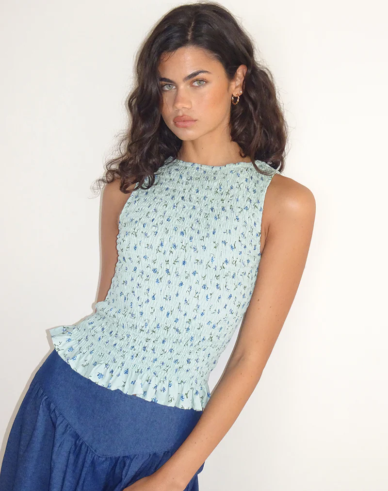 Birita Shirred Top in Pretty Petal Green - Image 2