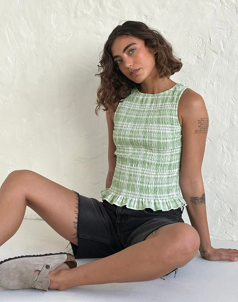 Birita Shirred Top in Table Cloth Neo Mint - Image 2