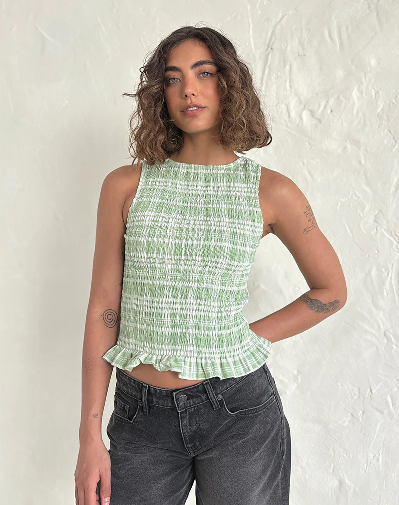 Birita Shirred Top in Table Cloth Neo Mint - Image 3
