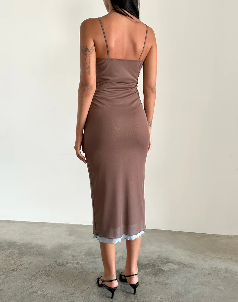 Bisilk Midi Dress in Mesh Brown with Light Blue - Image 5