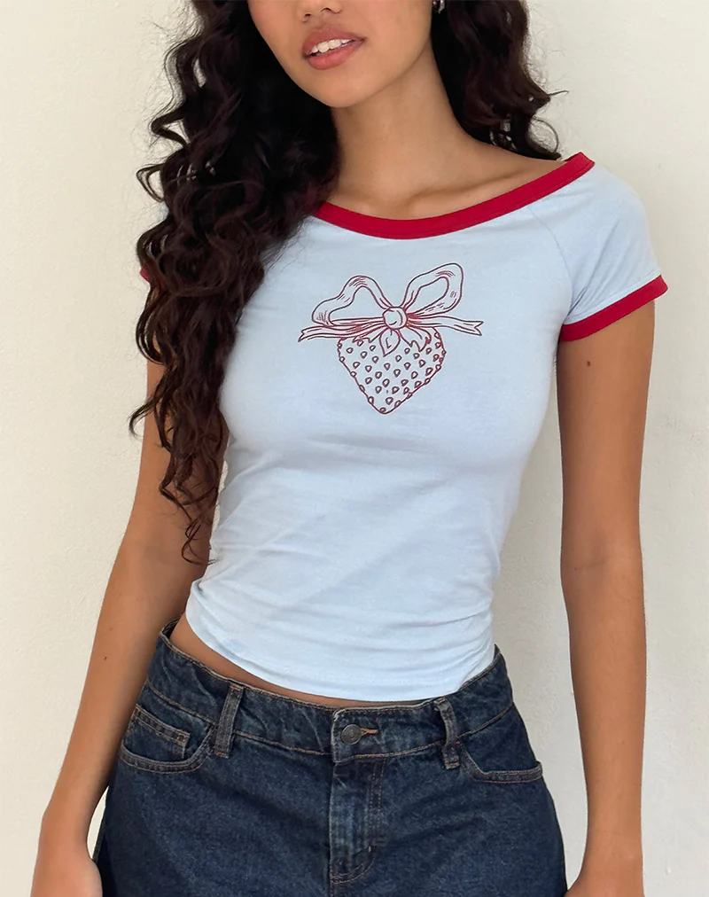 Bitha Top in Powder Blue with Adrenaline Red Binding and Strawberry Bow Print - Image 2