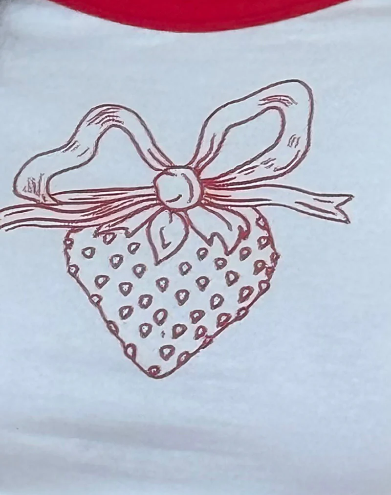 Bitha Top in Powder Blue with Adrenaline Red Binding and Strawberry Bow Print - Image 6