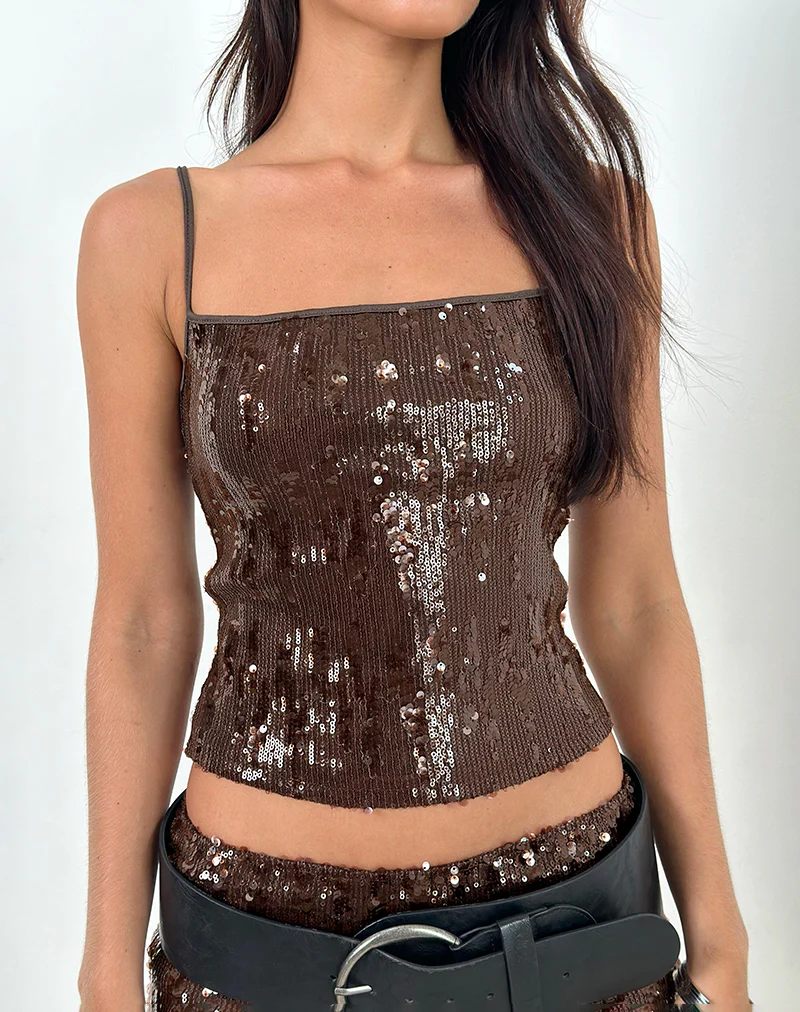 Biyaya Cami Top with Binding in Sequin Brown - Image 2