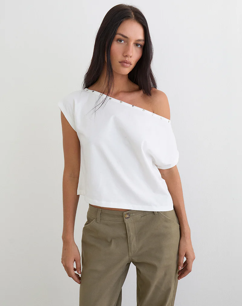 Bizzy Top with Studded Neckline in Off White - Image 3