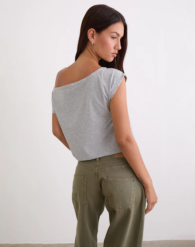 Bizzy Top with Studded Neckline in Grey Marl - Image 4
