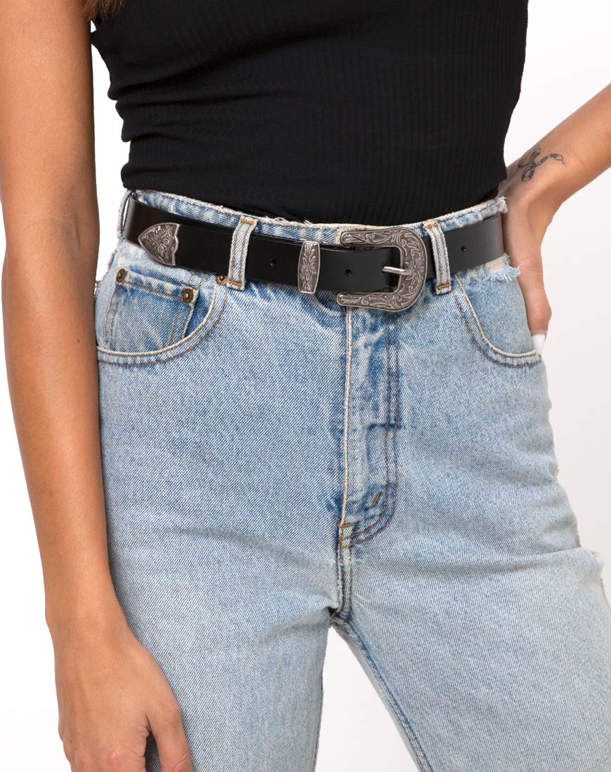 Black Vintage Western Belt with Silver Buckle - Image 2