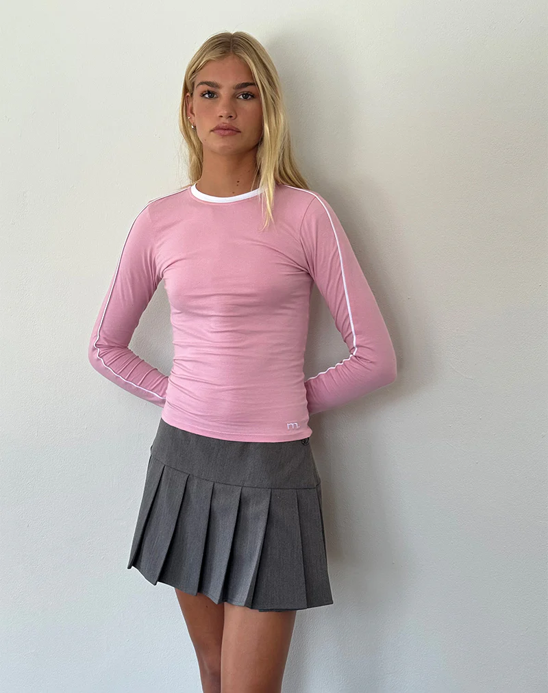 Bonija Long Sleeve Top in Flamingo Pink with White Piping and M Embroidery - Image 3