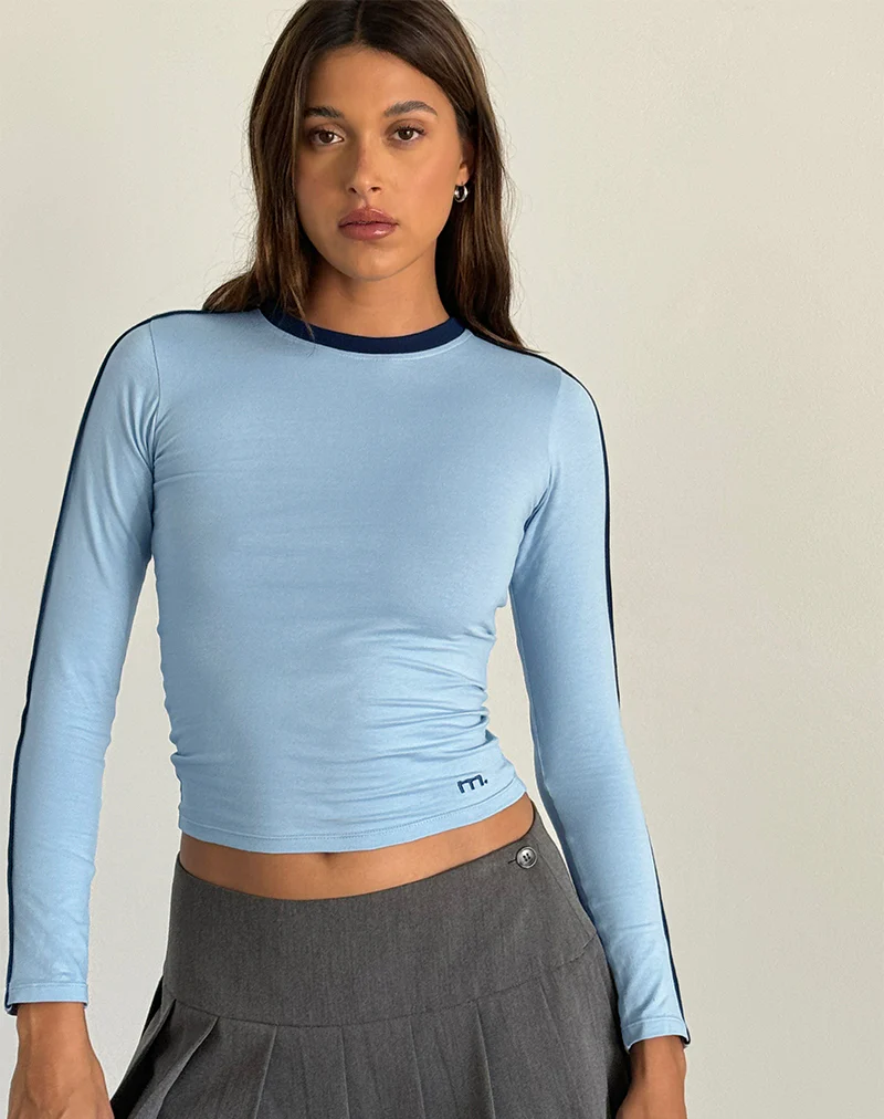 Bonija Long Sleeve Top in Nantucket Blue with Navy Piping and M Embroidery - Image 4