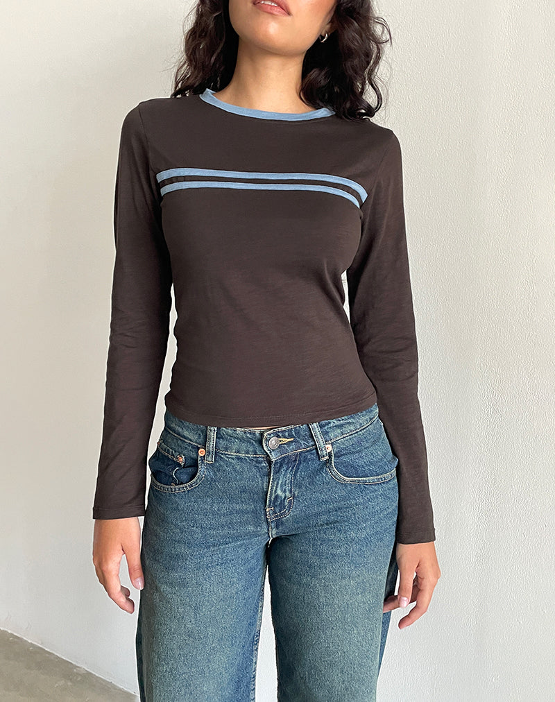 Bonjita Long Sleeve Top in Chocolate Brown with Ash Blue Two Stripe Binding - Image 3
