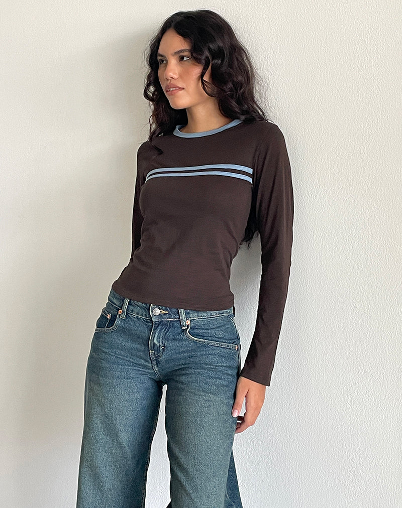 Bonjita Long Sleeve Top in Chocolate Brown with Ash Blue Two Stripe Binding - Image 6
