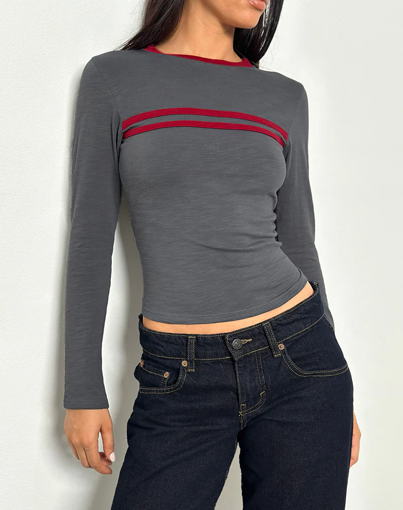 Bonjita Long Sleeve Top in Storm Grey with Adrenaline Red Binding - Image 4