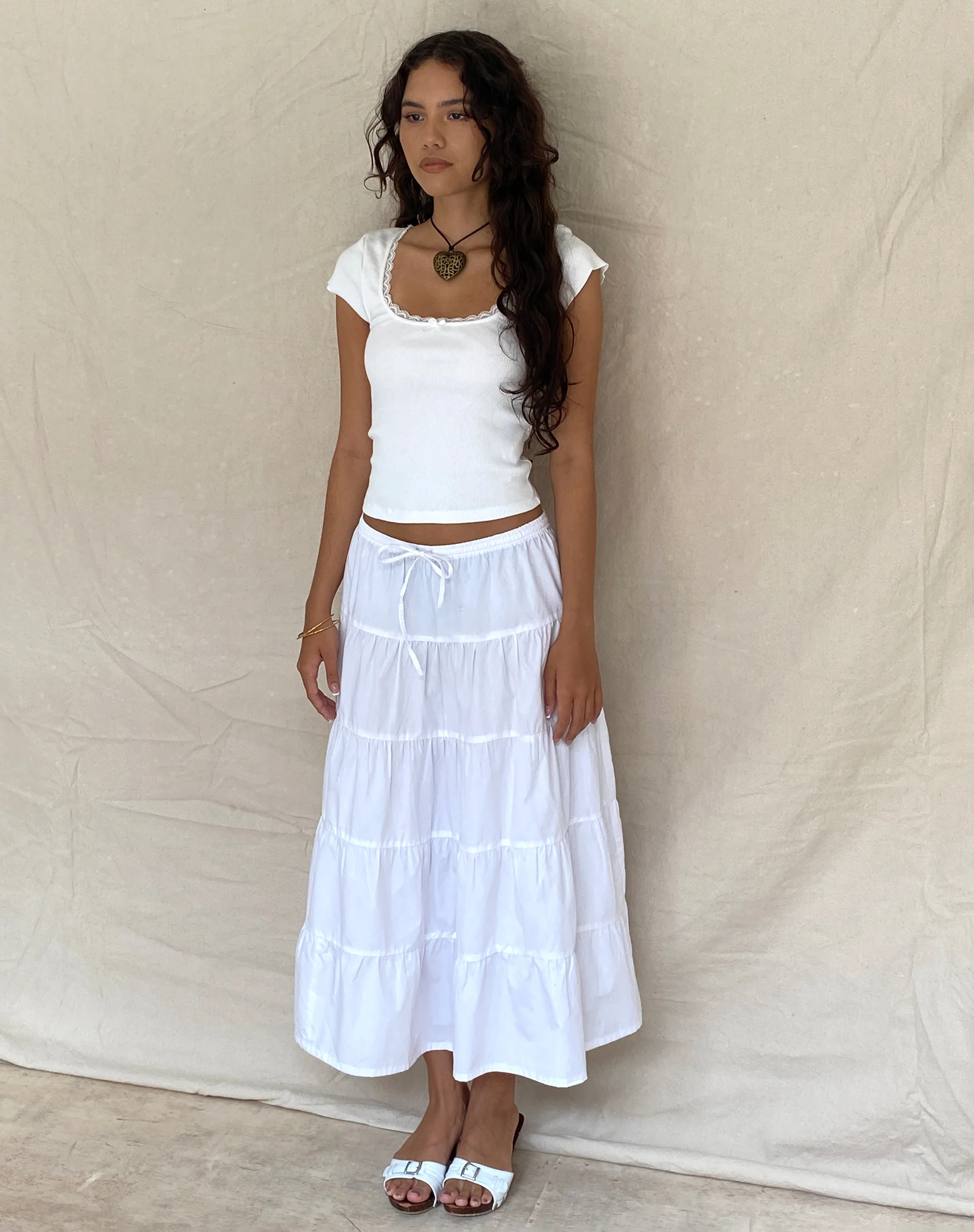 Bovillo Lace Trim Tee in Ribbed Off White - Image 2