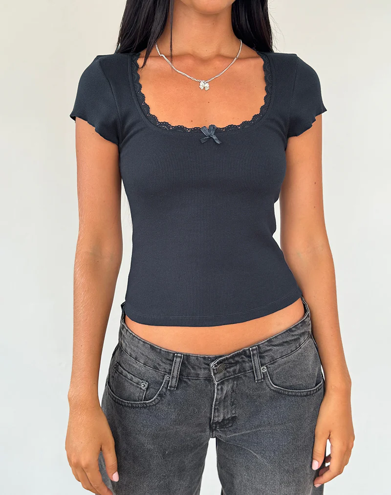 Bovillo Cap Sleeve Top in Ocean Storm Ribbed Jersey - Image 2