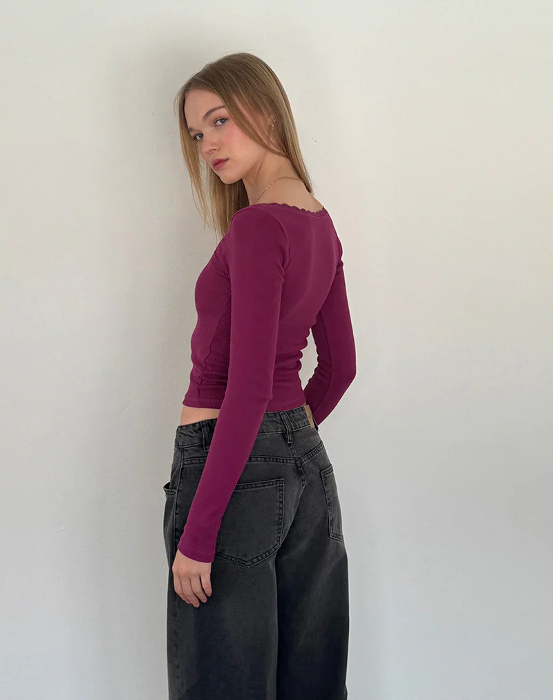 Bovita Long Sleeve Ribbed Top in Berry - Image 3