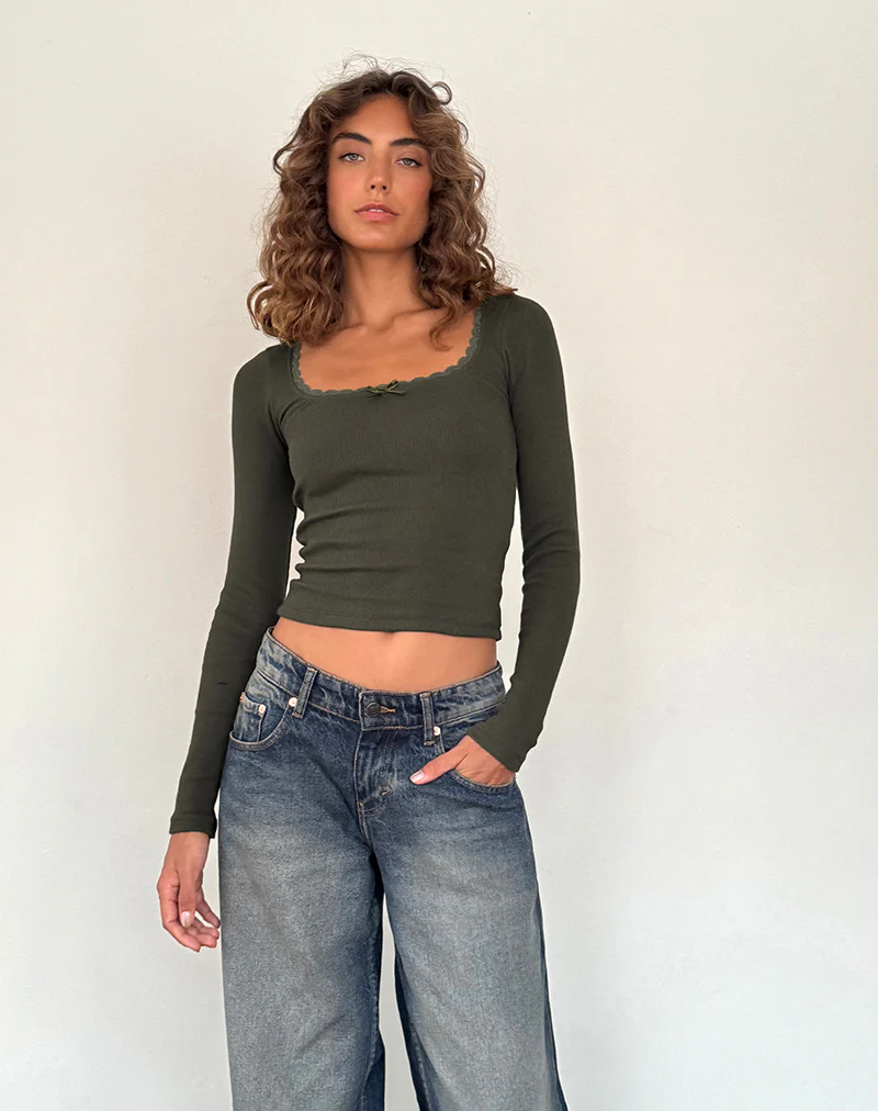 Bovita Long Sleeve Ribbed Top in Olive - Image 2