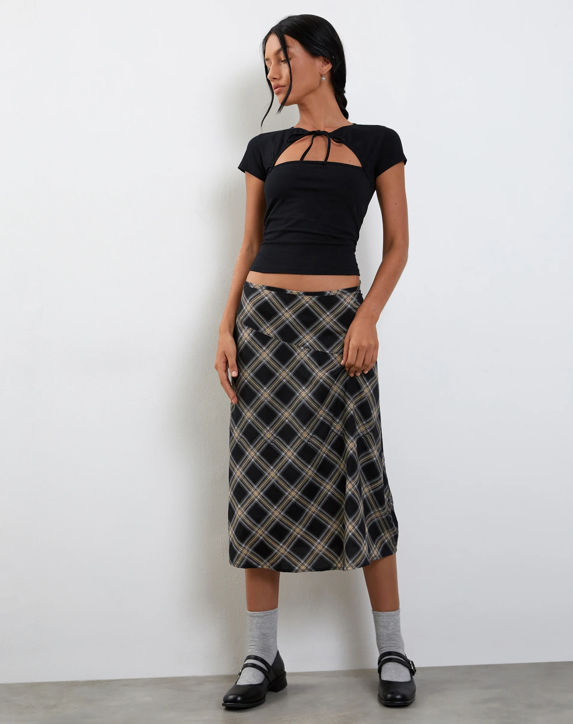 Brella Midi Skirt in Black and Grey Check - Image 3