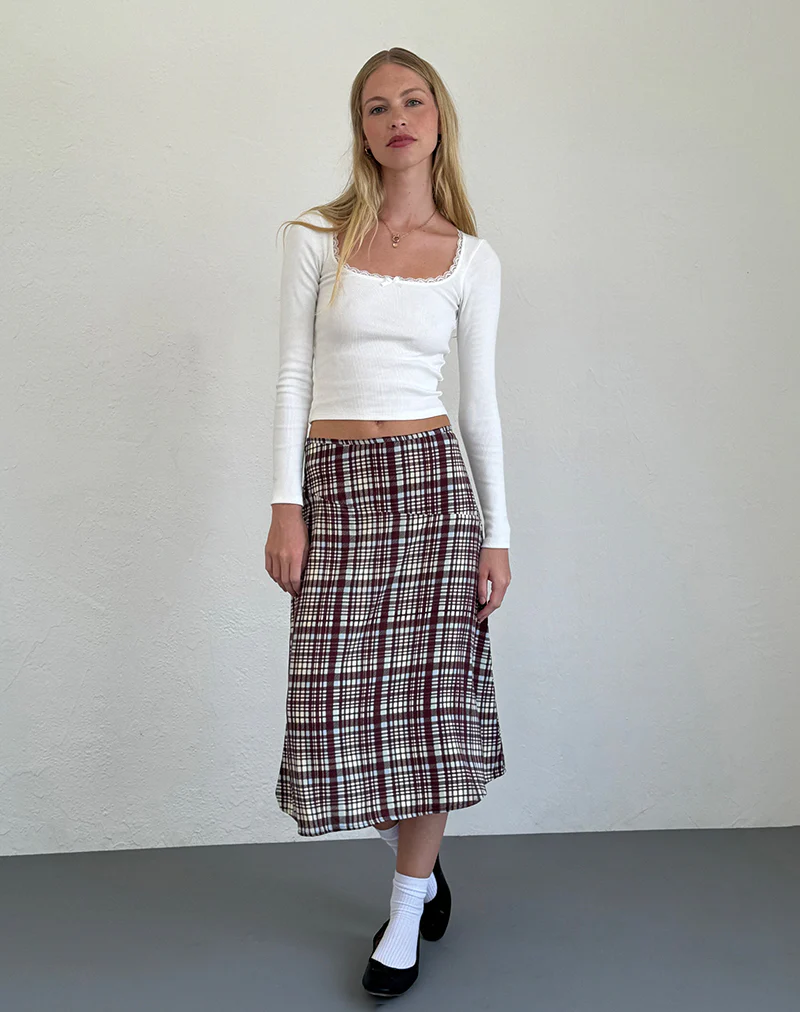 Brella Midi Skirt in Multi Check Brown - Image 2