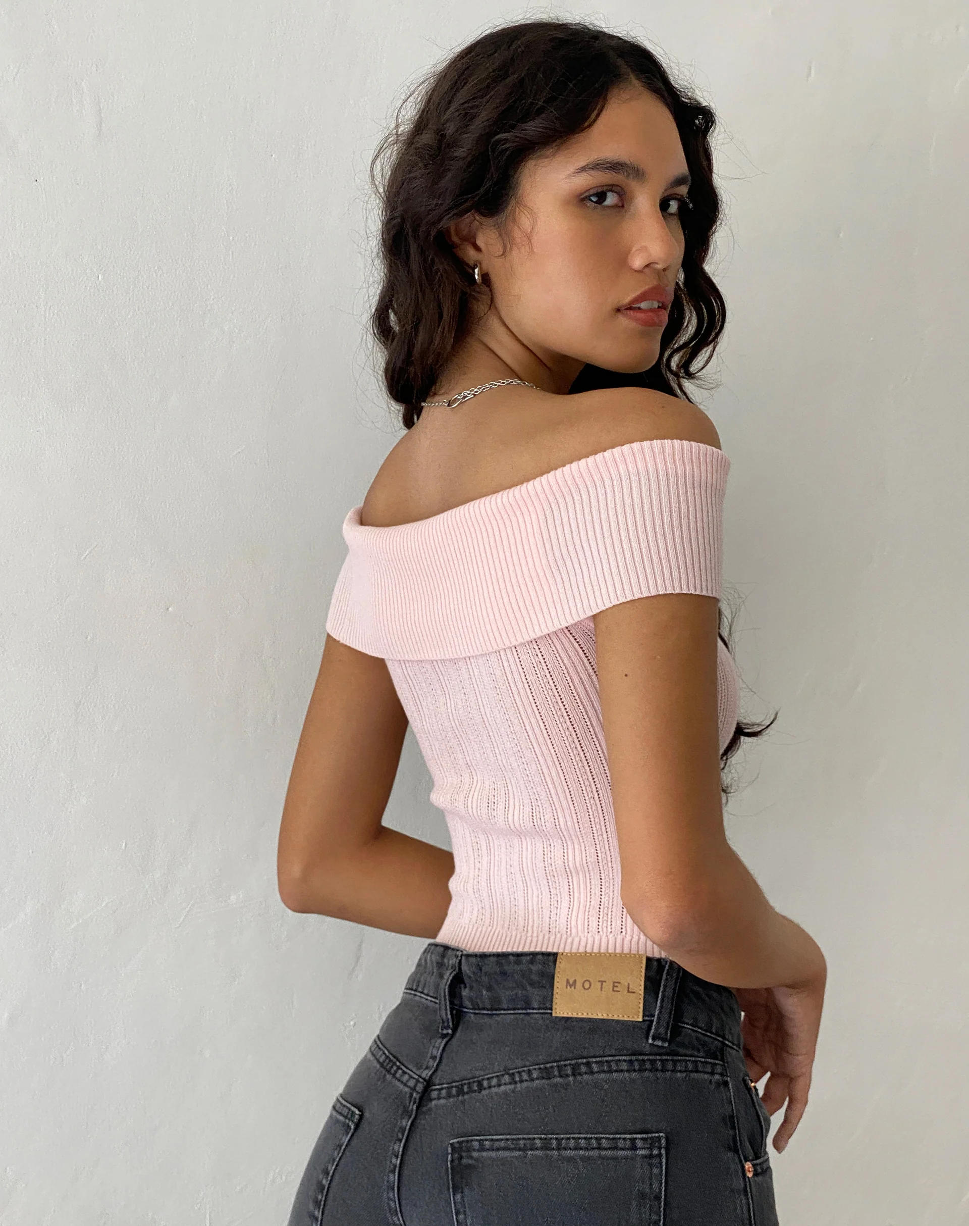 Brenda Knitted Bardot Top in Pink with Rosette - Image 4
