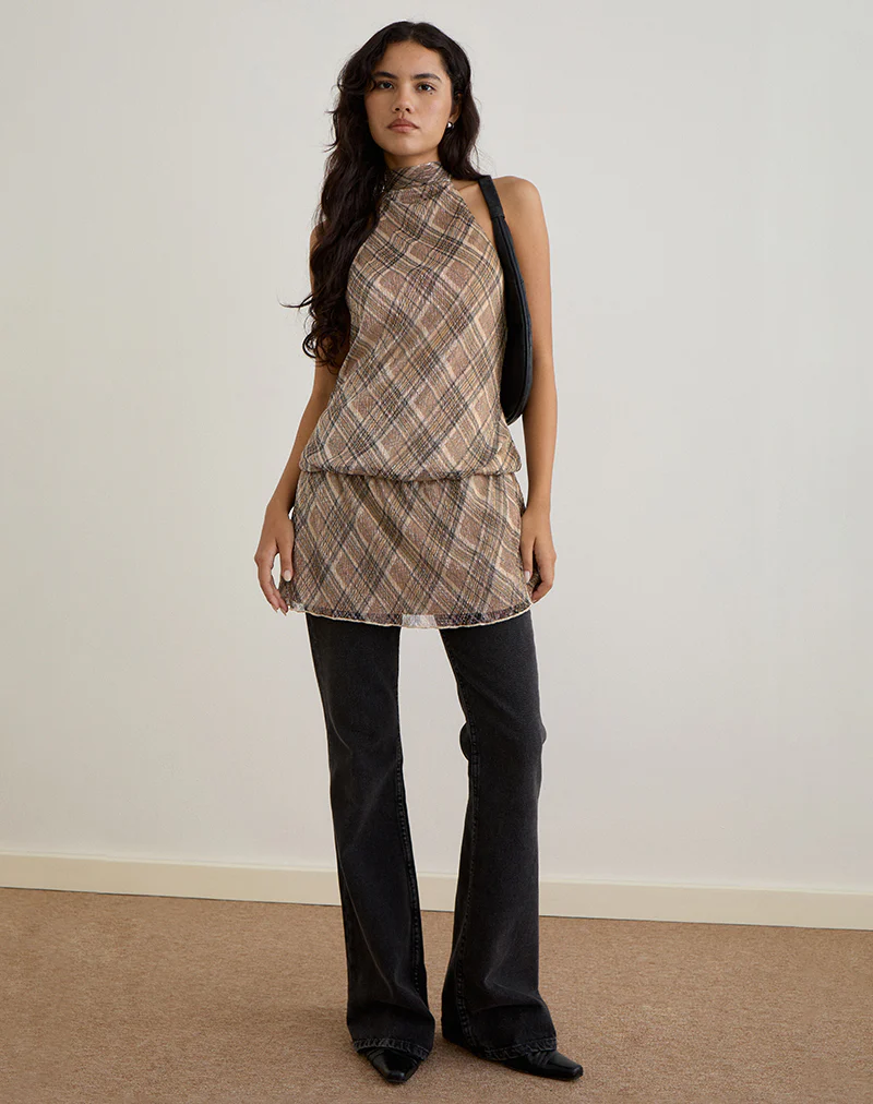 Briani Halterneck Dress in Check Plisse Brown - Image 2