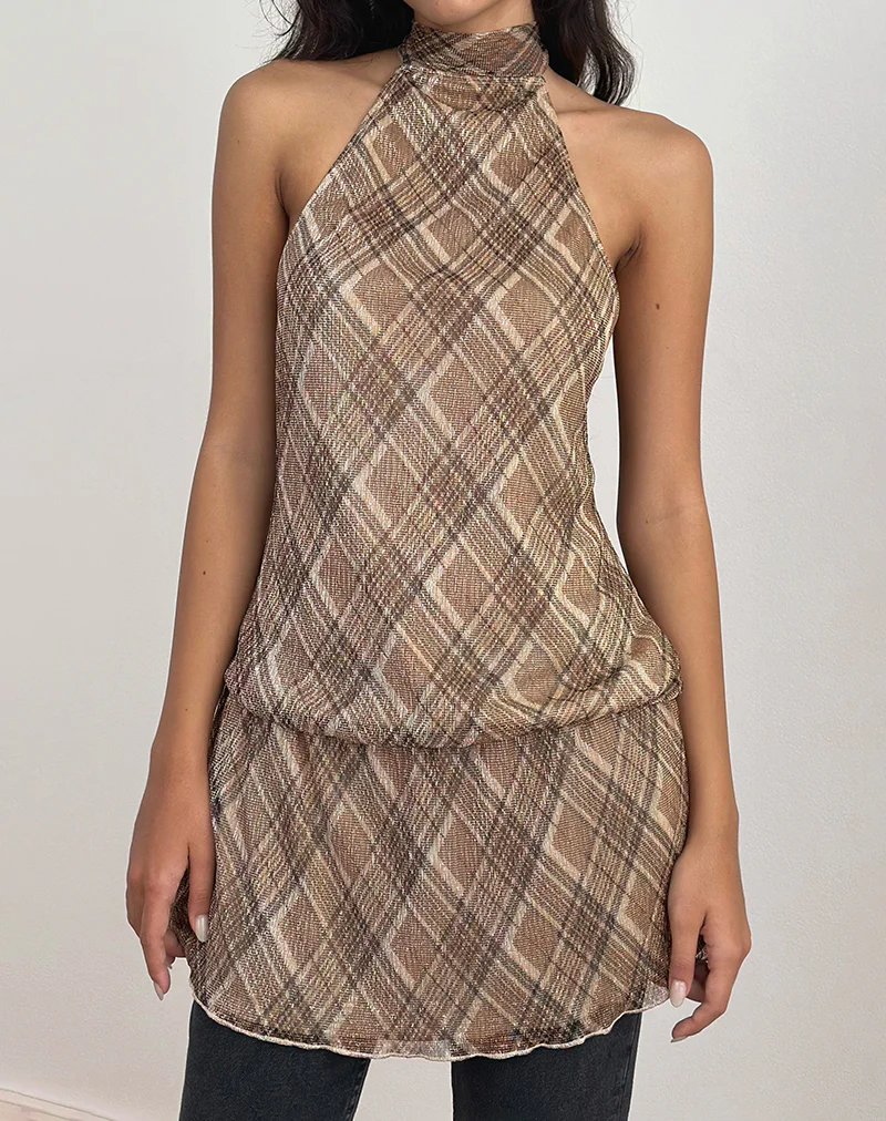 Briani Halterneck Dress in Check Plisse Brown - Image 4