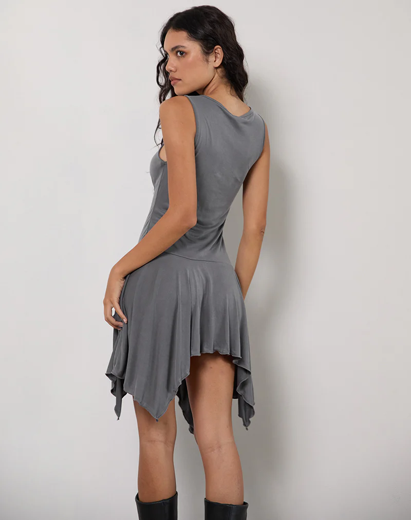 Briar Waterfall Mini Dress in Cupro Grey - Image 4