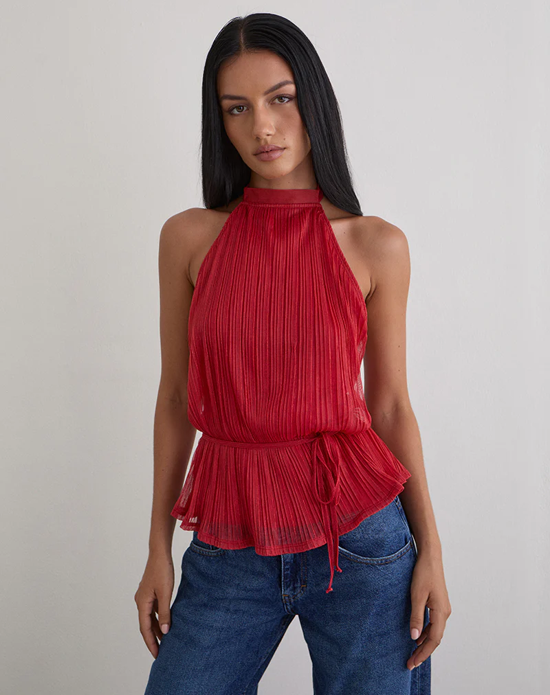 Brienne Top in Shimmer Plisse Red - Image 3