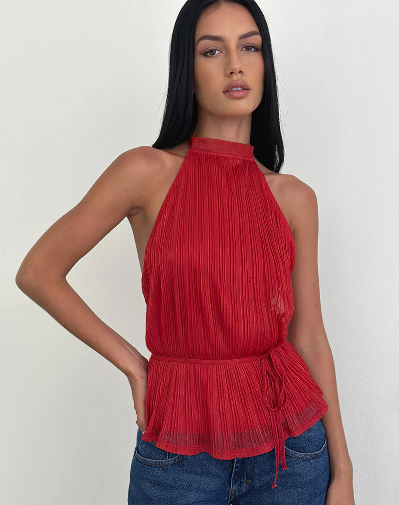 Brienne Top in Shimmer Plisse Red - Image 5