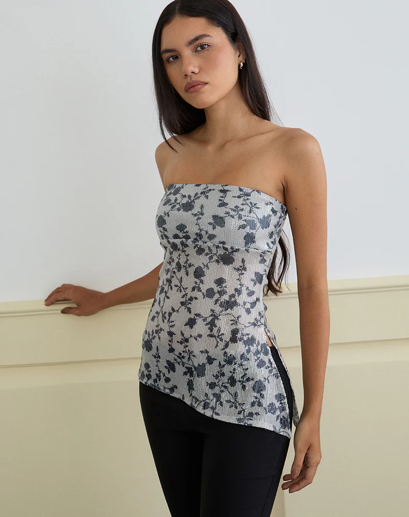 Brilia Bandeau Top in Sequin Flower Grey - Image 4