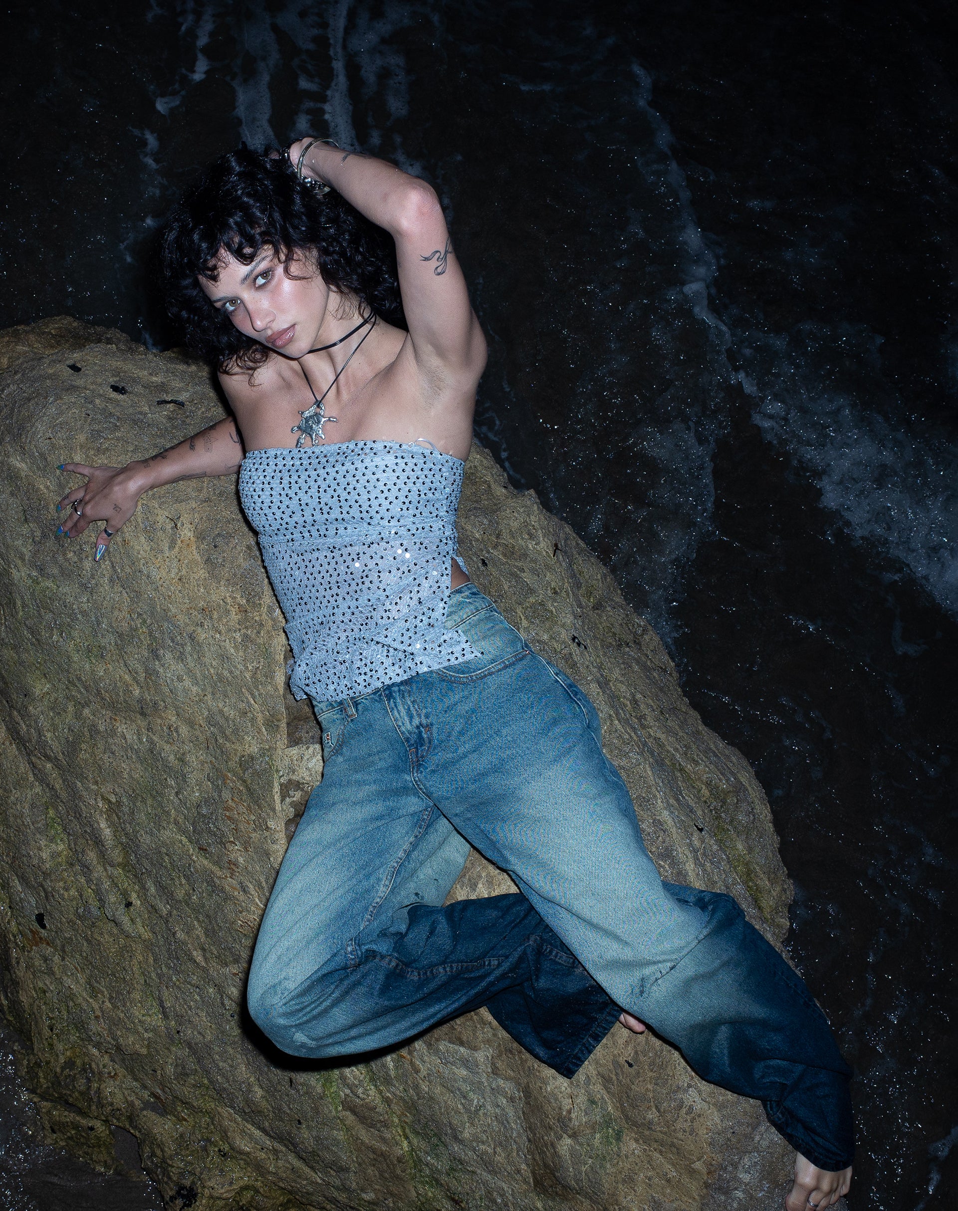 Brilia Bandeau Top in Sequin Knit Silver - Image 2