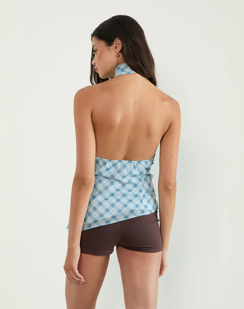 Briva Neck Tie Top in Blurred Check Blue - Image 3