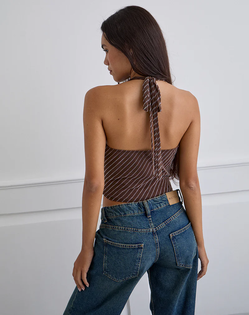 Bujou Cowl Top in Diagonal Stripe Flocked Brown and Cream - Image 5