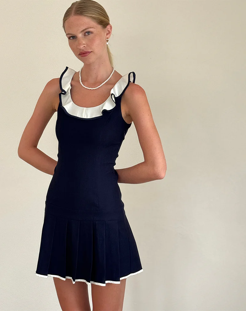 Busari Frill Neck Mini Dress in Navy - Image 2