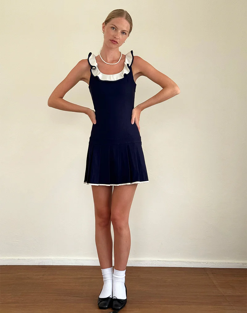Busari Frill Neck Mini Dress in Navy - Image 3