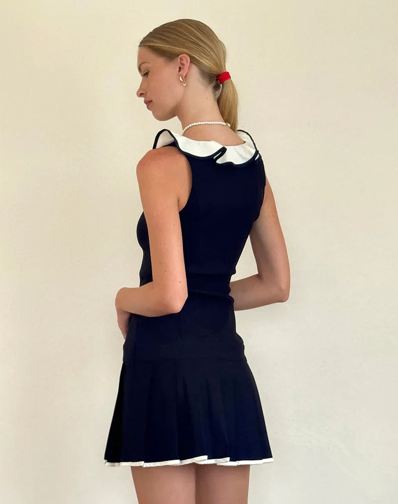 Busari Frill Neck Mini Dress in Navy - Image 4