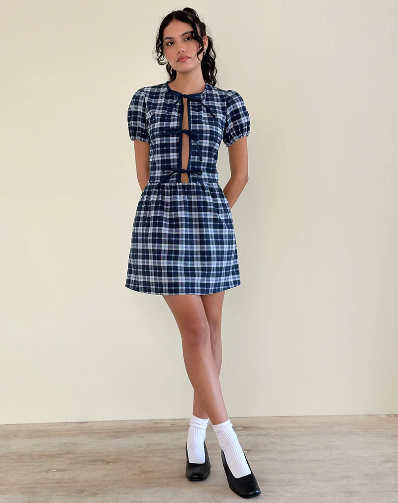 Byan Tie Front Dress in Tartan Dark Blue - Image 2