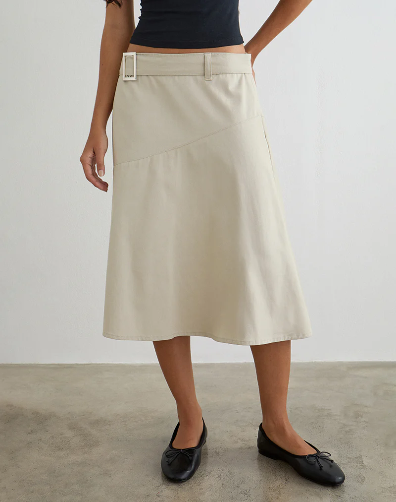 Cabot Midi Skirt with Belt in Cotton Twill Latte - Image 2