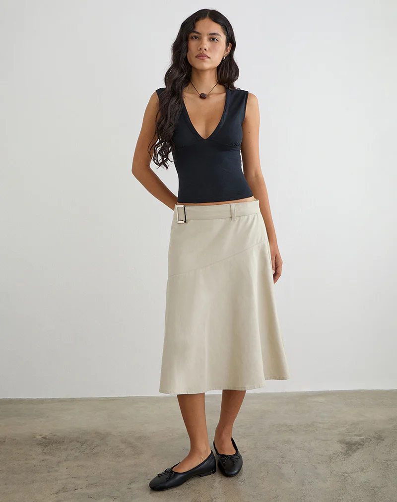 Cabot Midi Skirt with Belt in Cotton Twill Latte - Image 3