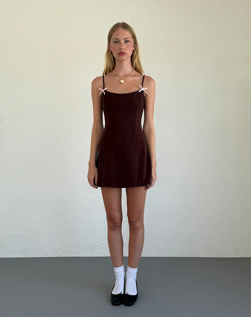 Calilia Cami Dress in Bitter Chocolate with Pink Bows - Image 4