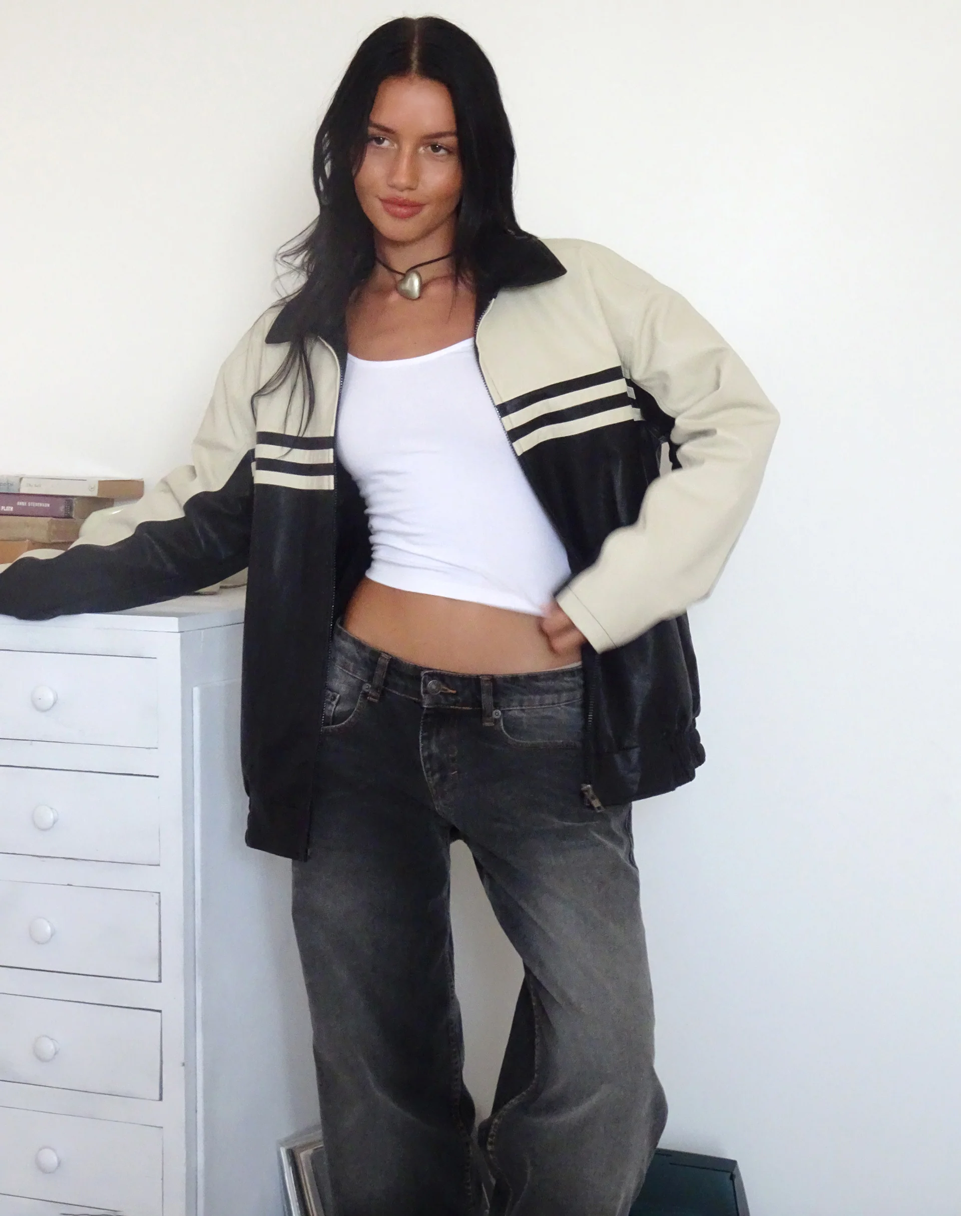 Calista Jacket in PU Black with Ivory - Image 3