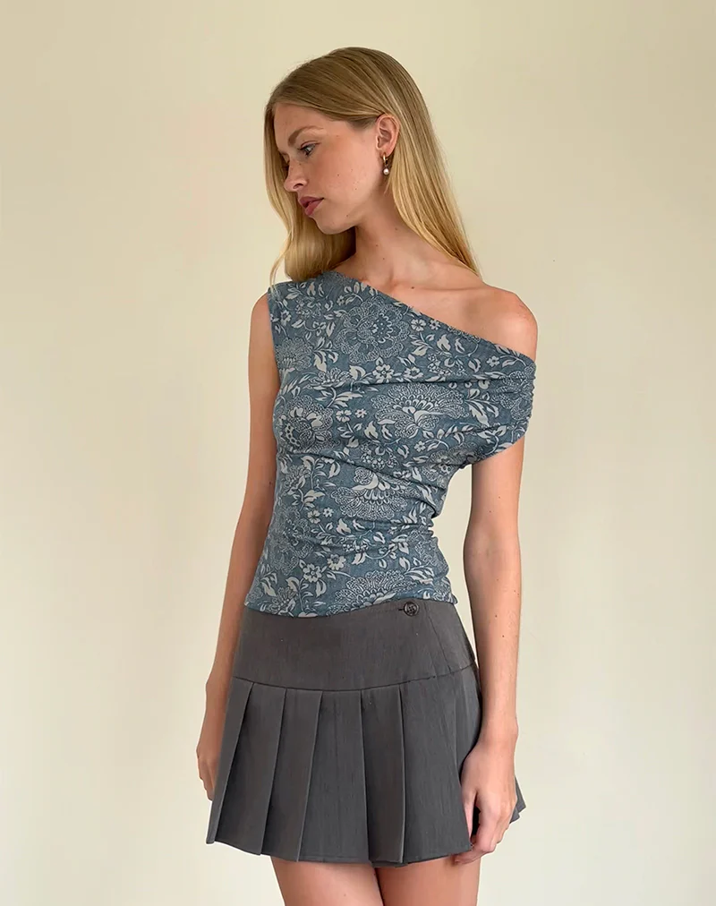Calypso Top in Blue Ornate Print Lycra - Image 2