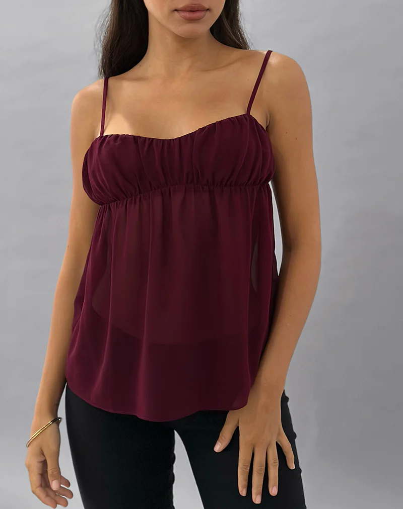 Camden Cami Top in Satin Chiffon Burgundy - Image 5