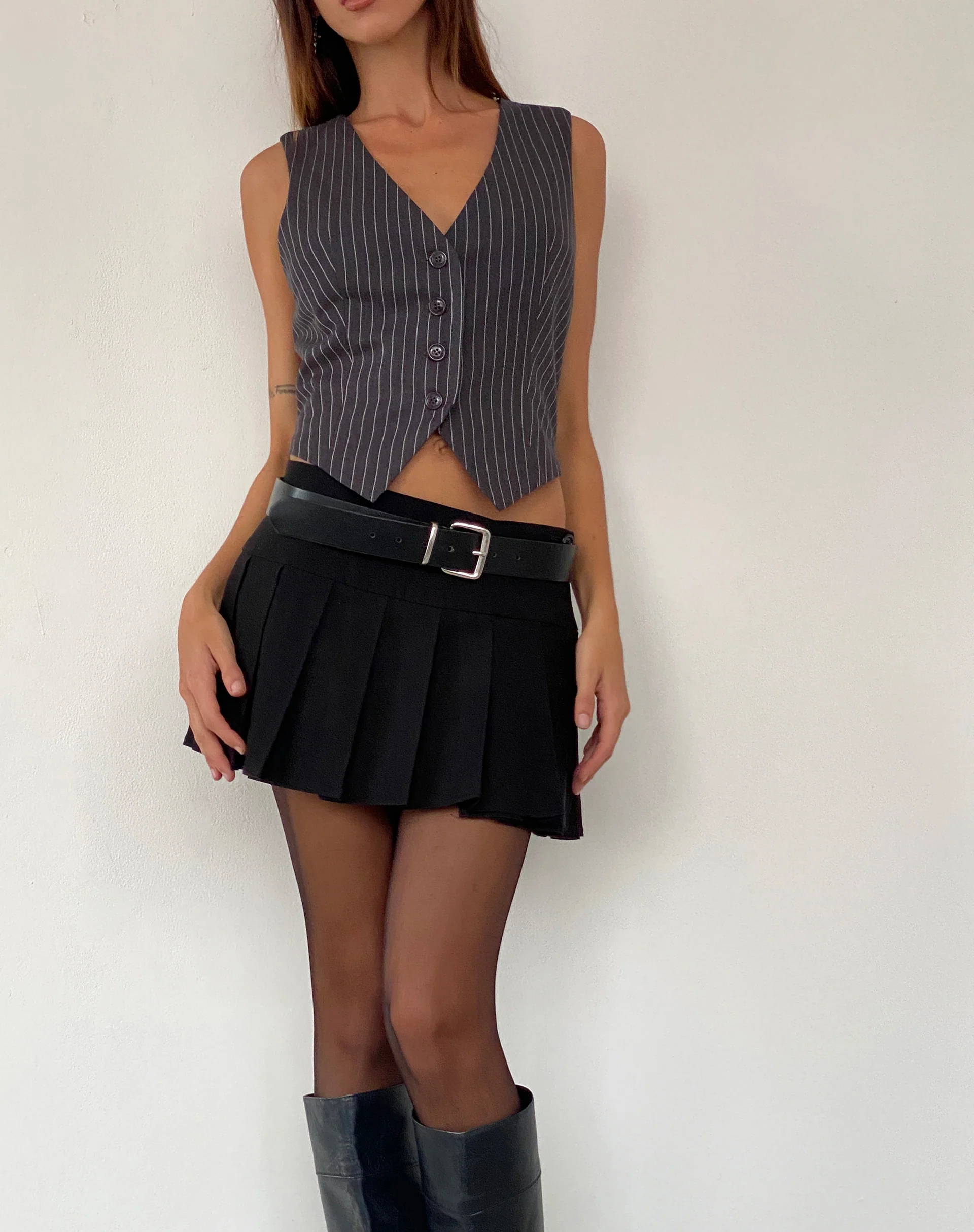 Canta Tailored Vest Top in Dark Grey Pinstripe - Image 2
