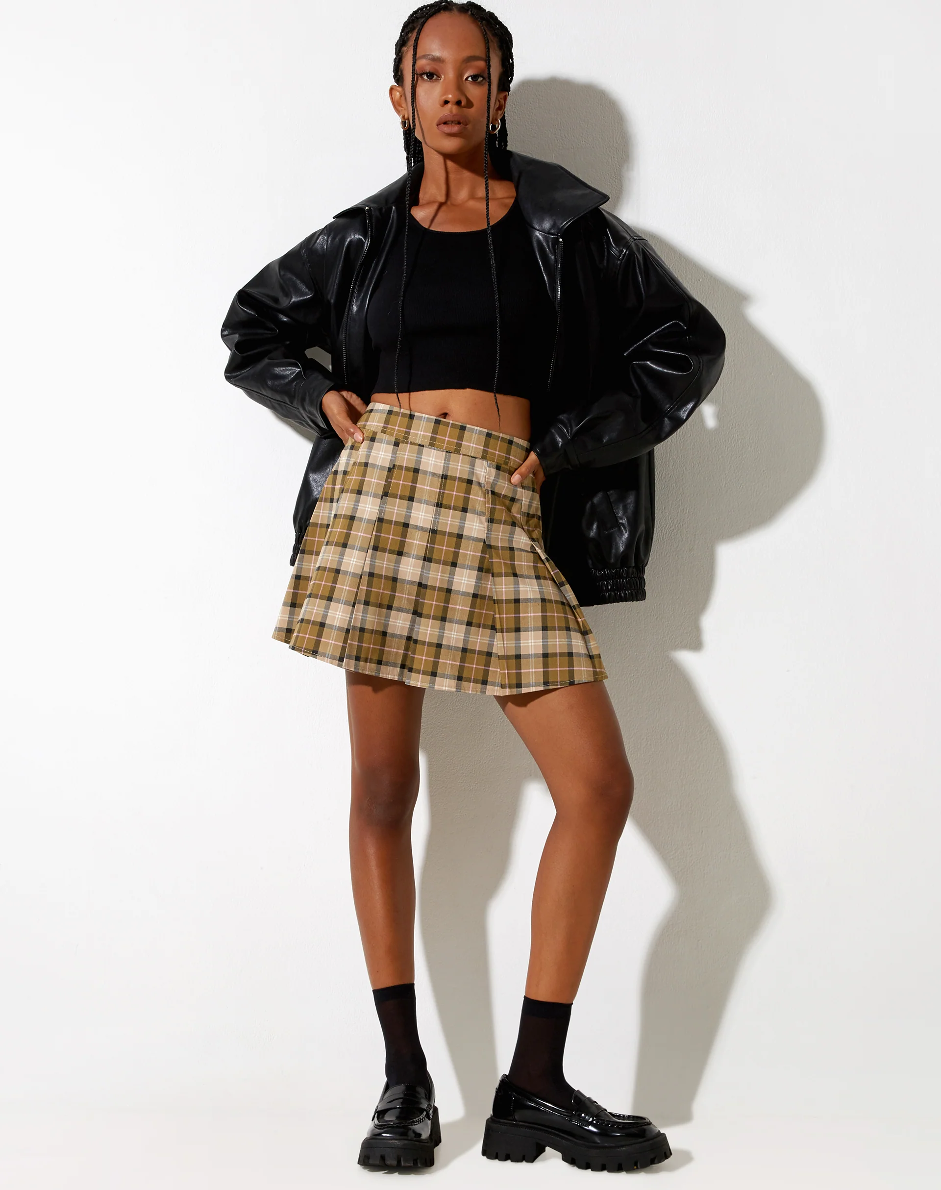 Carga Mini Skirt in Check Brown Tan and Pink - Image 3