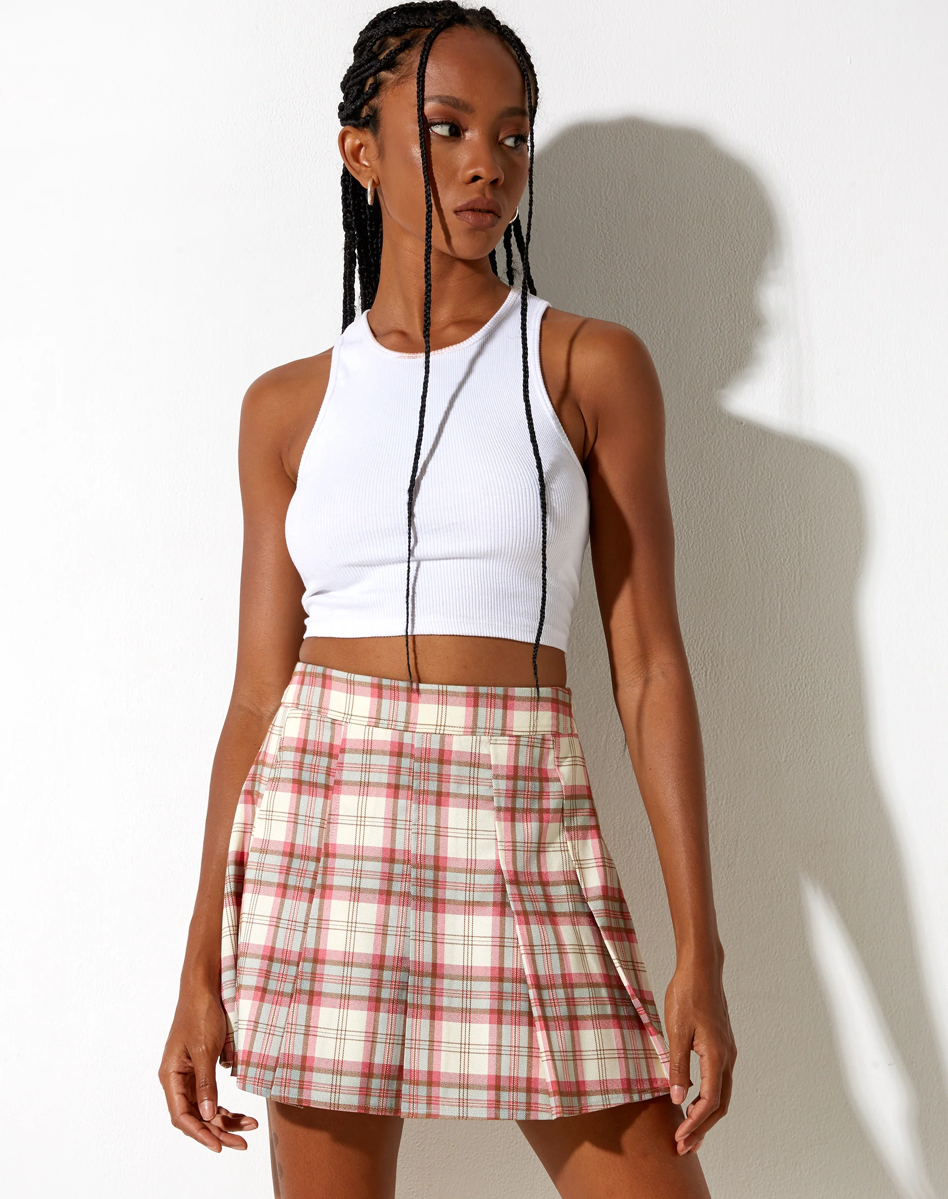 Carga Mini Skirt in Check Ecru and Pink - Image 4