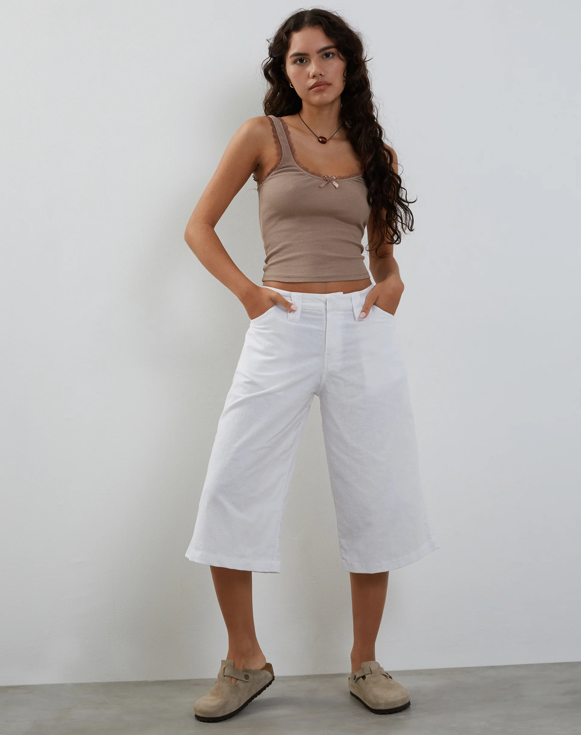 Carillo Lace Trim Vest Top in Coffee - Image 2