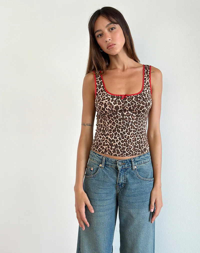 Carillo Vest Top in Rar Leopard Sandstorm with Red Trim - Image 5