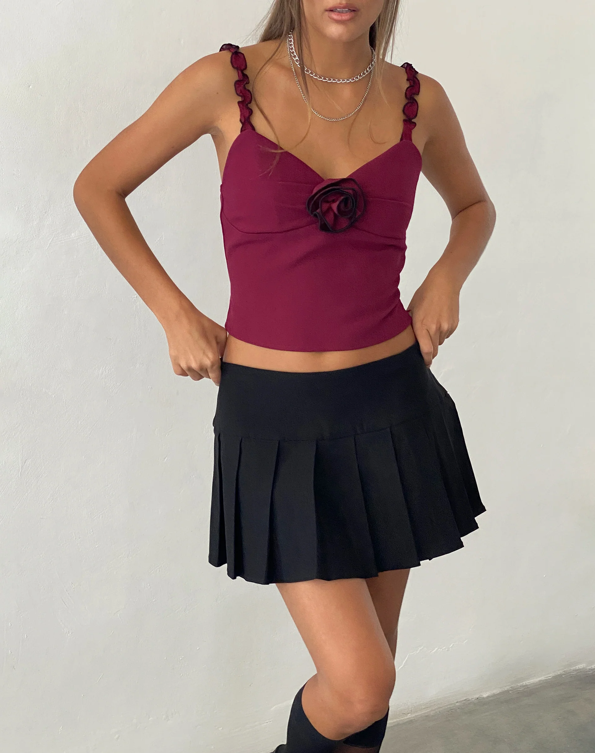 Carini Cami Top in Burgundy with Rosette - Image 2