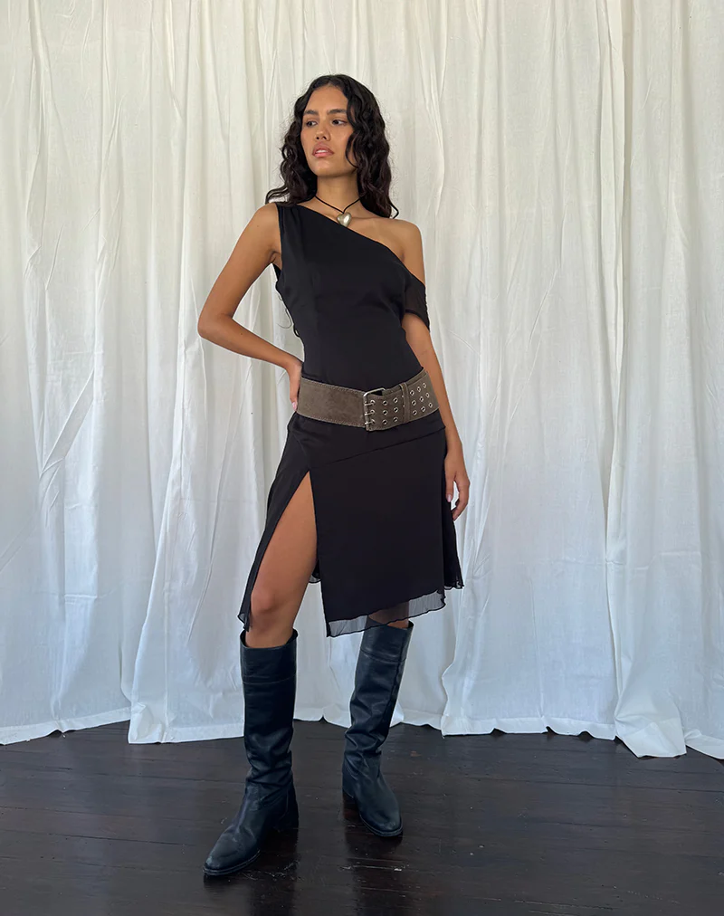 Carissa One Shoulder Chiffon Midi Dress in Black - Image 2