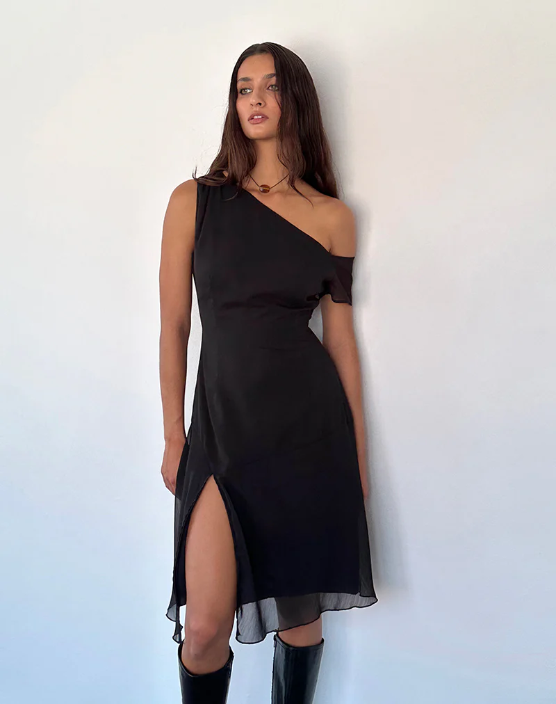 Carissa One Shoulder Chiffon Midi Dress in Black - Image 4