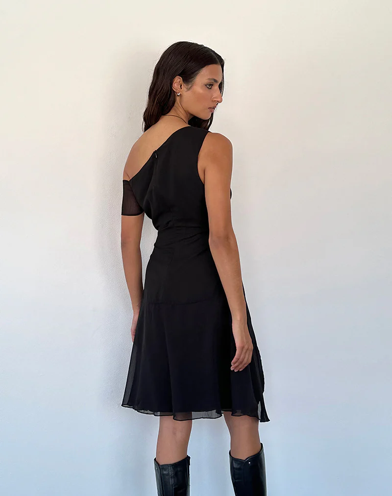 Carissa One Shoulder Chiffon Midi Dress in Black - Image 5